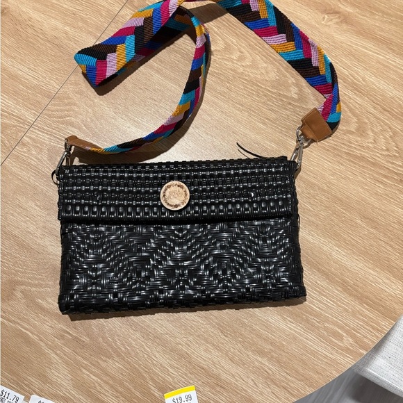Black Textured Crossbody Bag with Geometric Strap - Picture 1 of 4